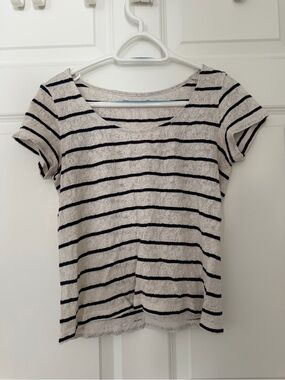 Lace-Textured Black Stripe Scoop Neck Women’s Top